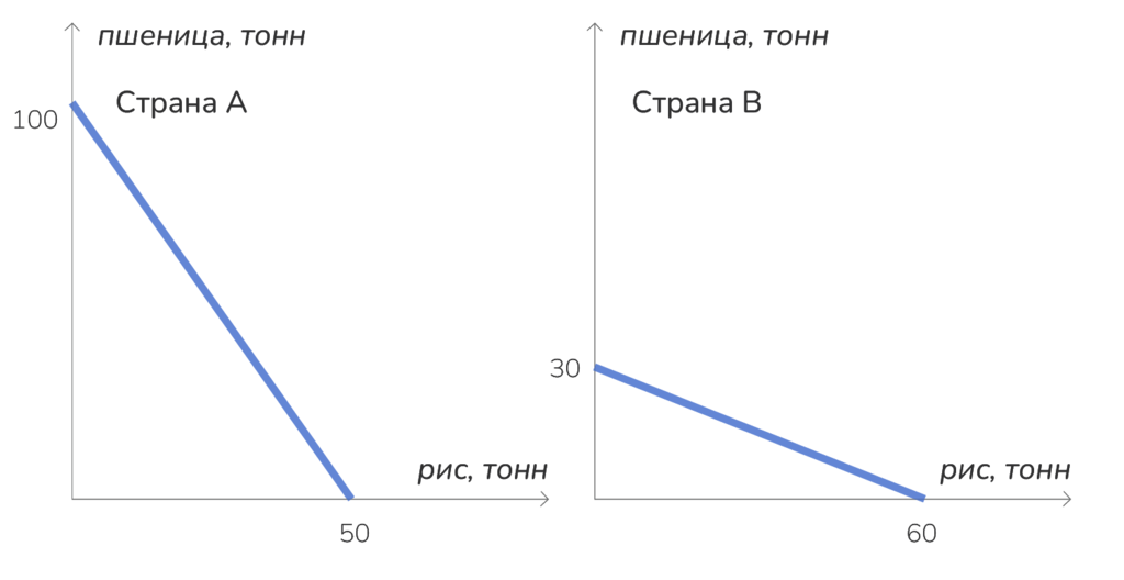 Специализация стран согласно абсолютному преимуществу: А &ndash; на пшенице, В &ndash; на рисе