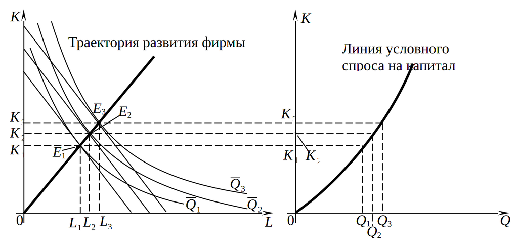 Траектория развития фирмы и условный спрос на факторы производства при технологии Кобба&ndash;Дугласа